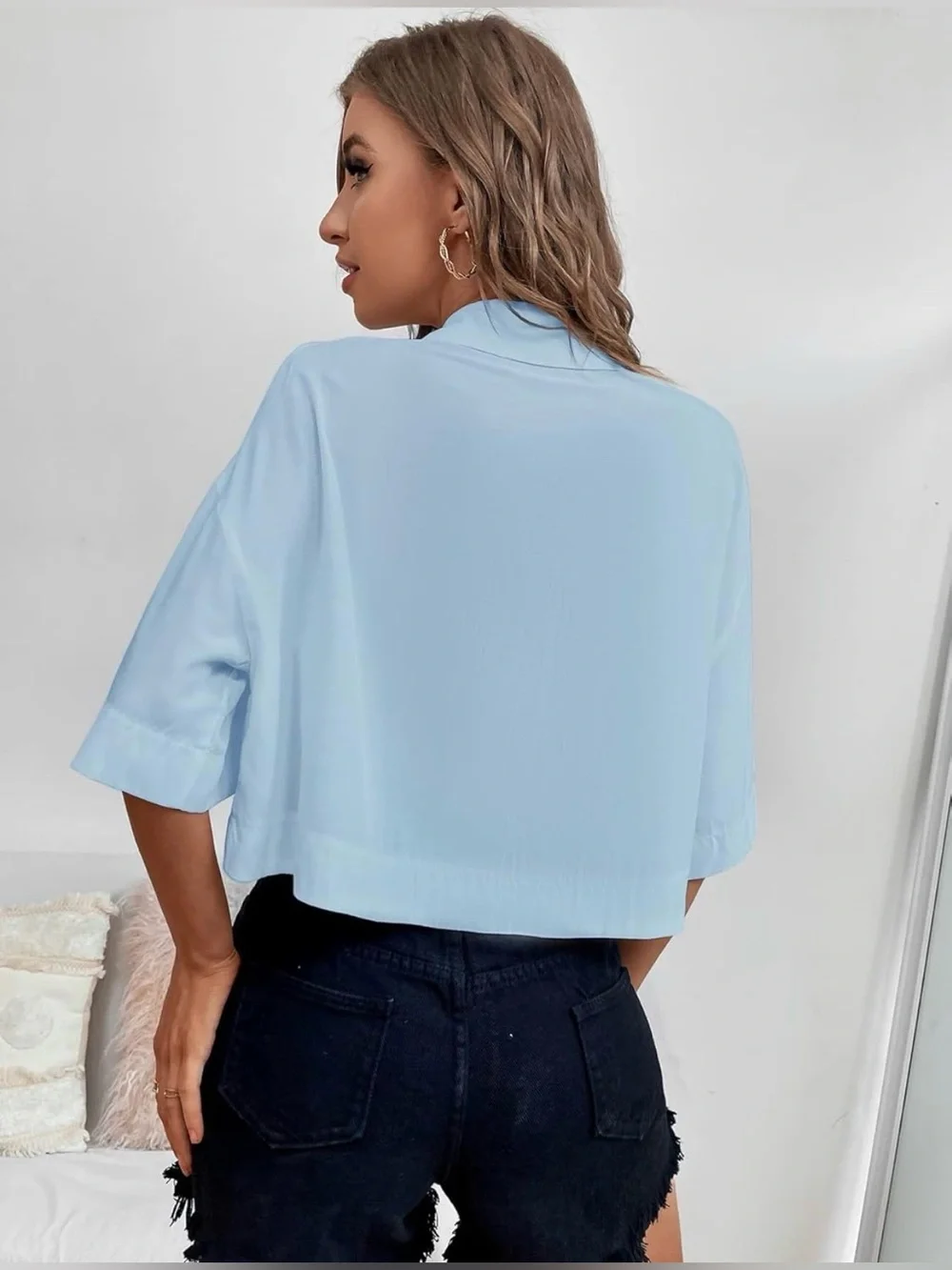 Light Blue Cropped Button-Up Shirt - Women Tops Medium - Picture 2 of 9
